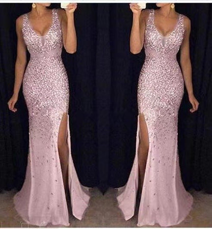 Elegant Pink Sequin Dress for Women with V Neck Sleeveless Side Slit Occasion Style