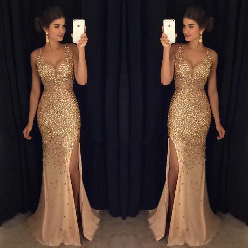 Elegant Pink Sequin Dress for Women with V Neck Sleeveless Side Slit Occasion Style