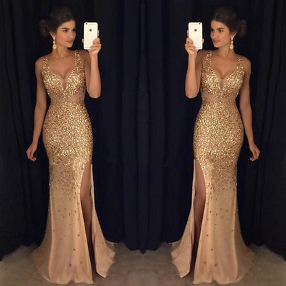 Elegant Pink Sequin Dress for Women with V Neck Sleeveless Side Slit Occasion Style