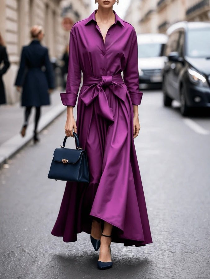 Elegant Purple Long Sleeve Dress for Women with Collared Long Sleeve Elastic Waist Plaid Party Style