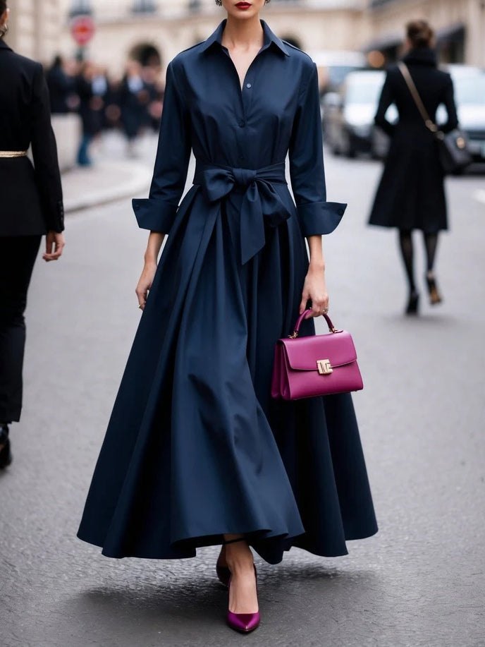 Elegant Purple Long Sleeve Dress for Women with Collared Long Sleeve Elastic Waist Plaid Party Style