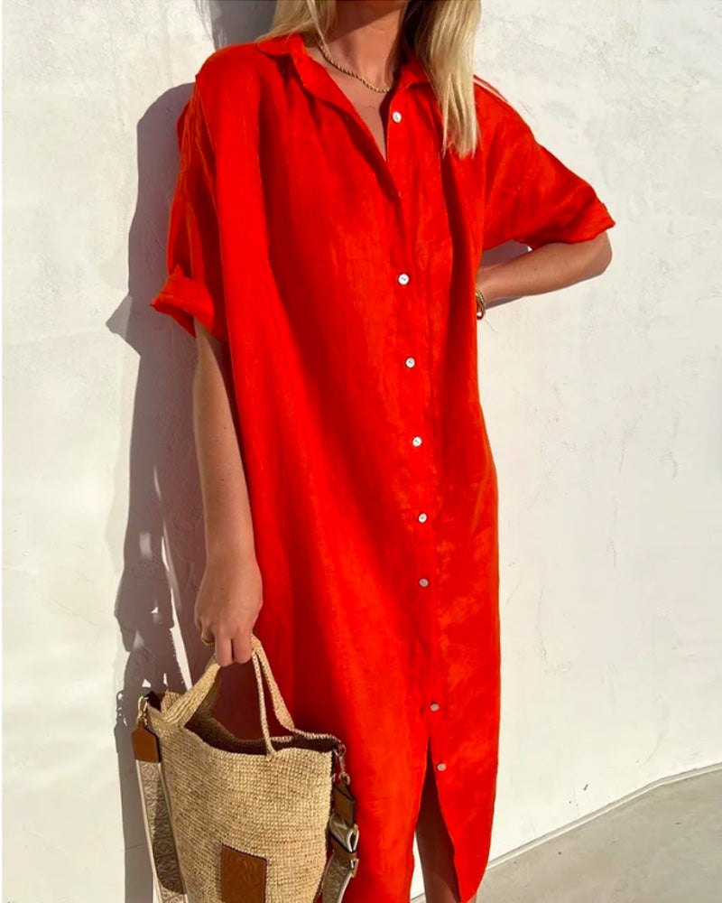 Elegant Red Dress for Women with Collared Short Sleeve Button Front Relaxed Fit Evening Style