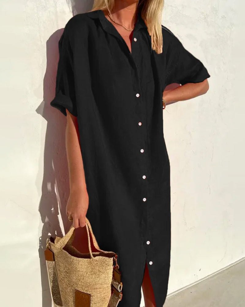 Elegant Red Dress for Women with Collared Short Sleeve Button Front Relaxed Fit Evening Style