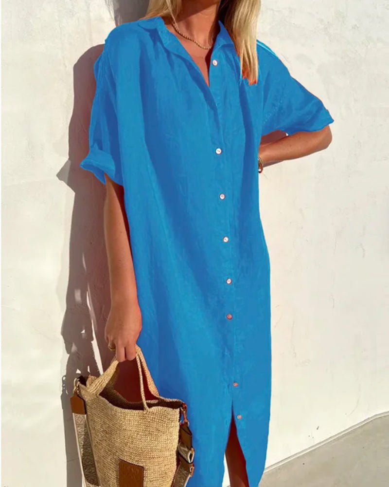 Elegant Red Dress for Women with Collared Short Sleeve Button Front Relaxed Fit Evening Style