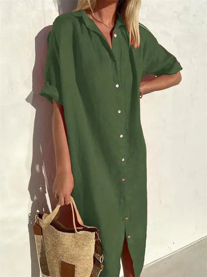 Elegant Red Dress for Women with Collared Short Sleeve Button Front Relaxed Fit Evening Style