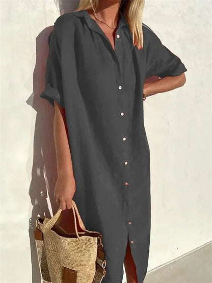 Elegant Red Dress for Women with Collared Short Sleeve Button Front Relaxed Fit Evening Style