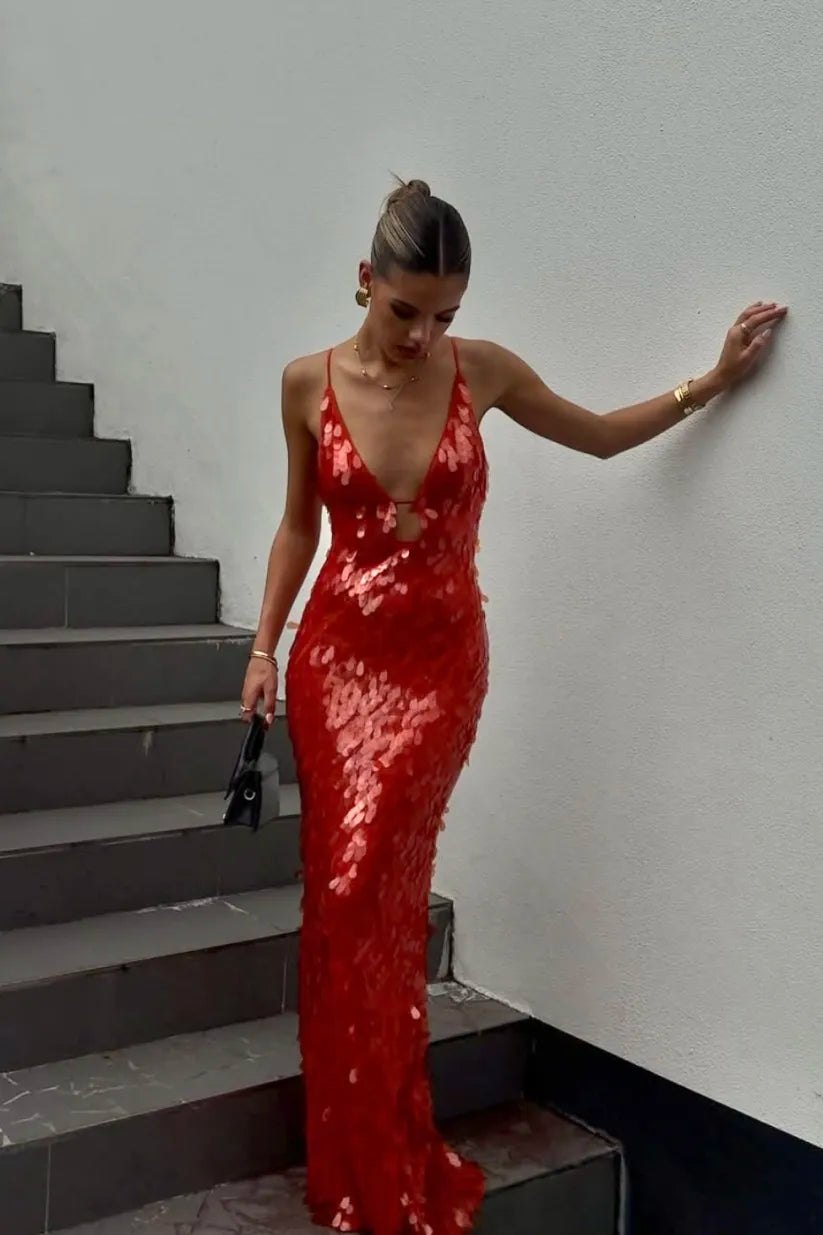Elegant Red Sequin Dress for Women with Knit Relaxed Fit Everyday Wear Evening Style