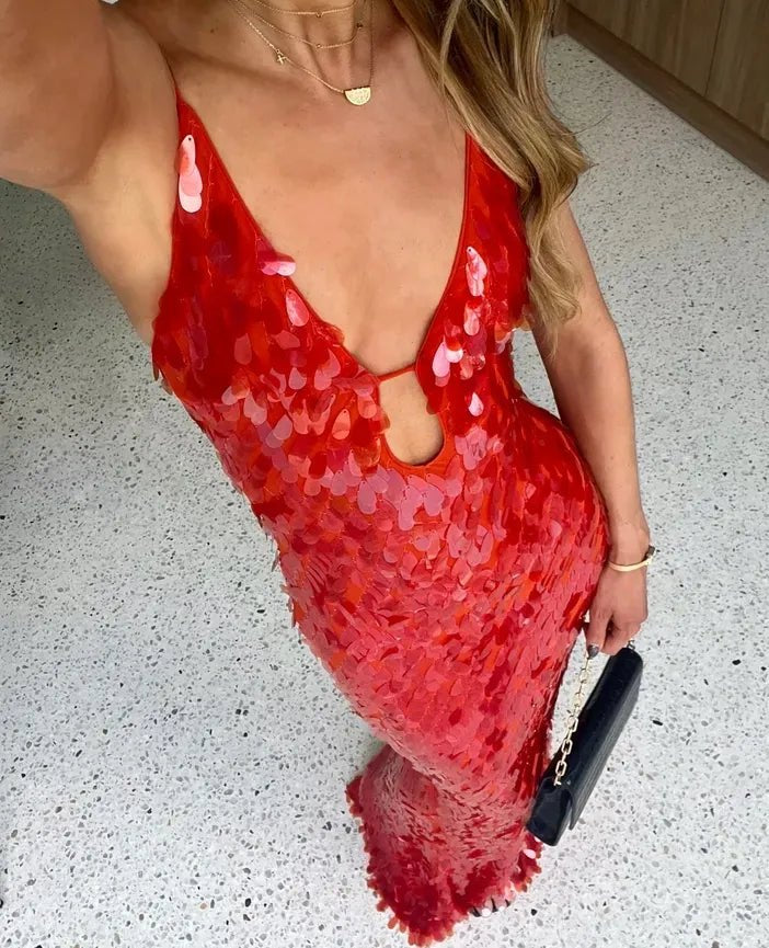 Elegant Red Sequin Dress for Women with Knit Relaxed Fit Everyday Wear Evening Style