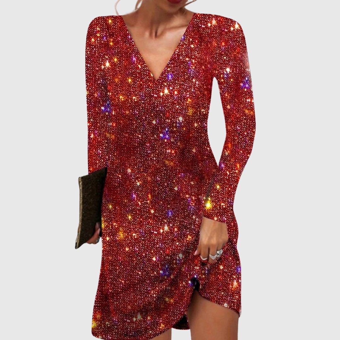 Elegant Red Sequin Dress for Women with V Neck Relaxed Fit Side Slit Occasion Style