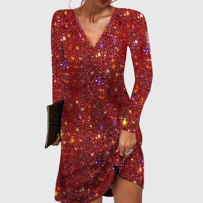 Elegant Red Sequin Dress for Women with V Neck Relaxed Fit Side Slit Occasion Style