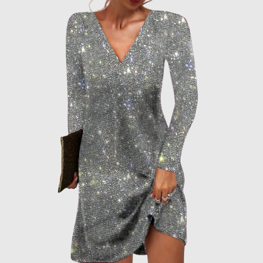 Elegant Red Sequin Dress for Women with V Neck Relaxed Fit Side Slit Occasion Style