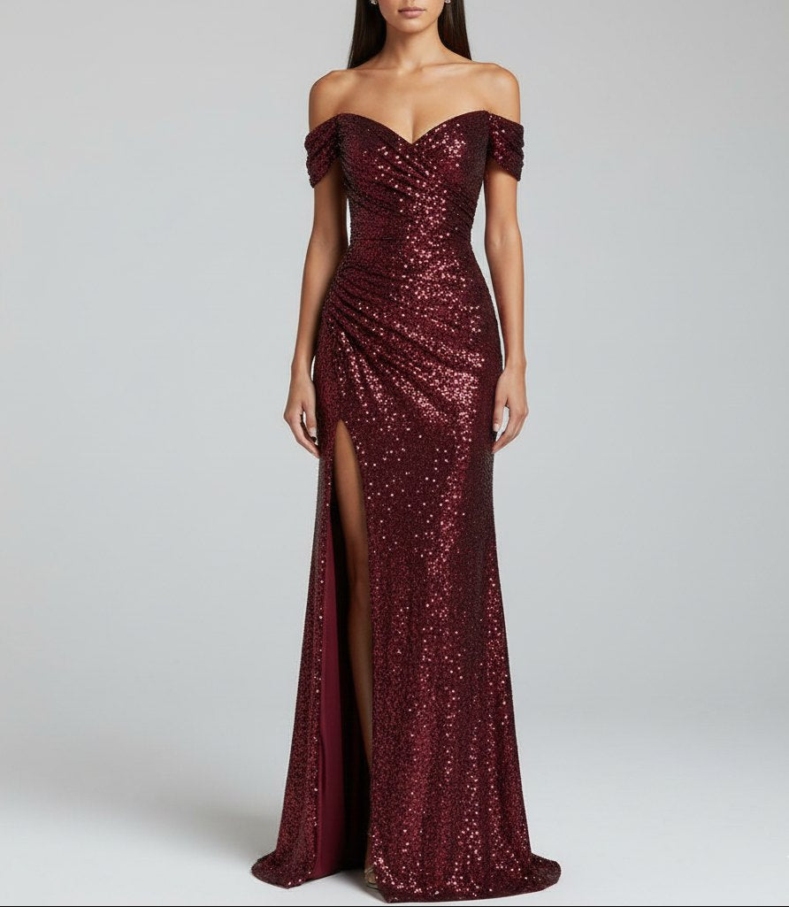 Elegant Wine Sequin Dress for Women with Sweetheart Neck Side Slit Relaxed Fit Evening Style