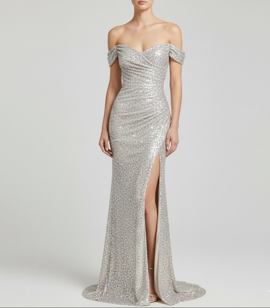 Elegant Wine Sequin Dress for Women with Sweetheart Neck Side Slit Relaxed Fit Evening Style