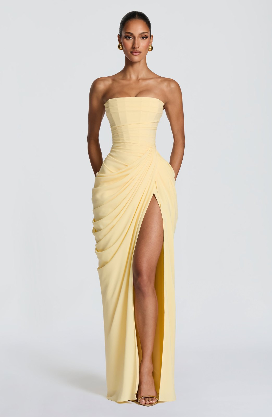 Elegant Yellow Party Dress for Women with Plaid Satin Relaxed Fit Evening Style
