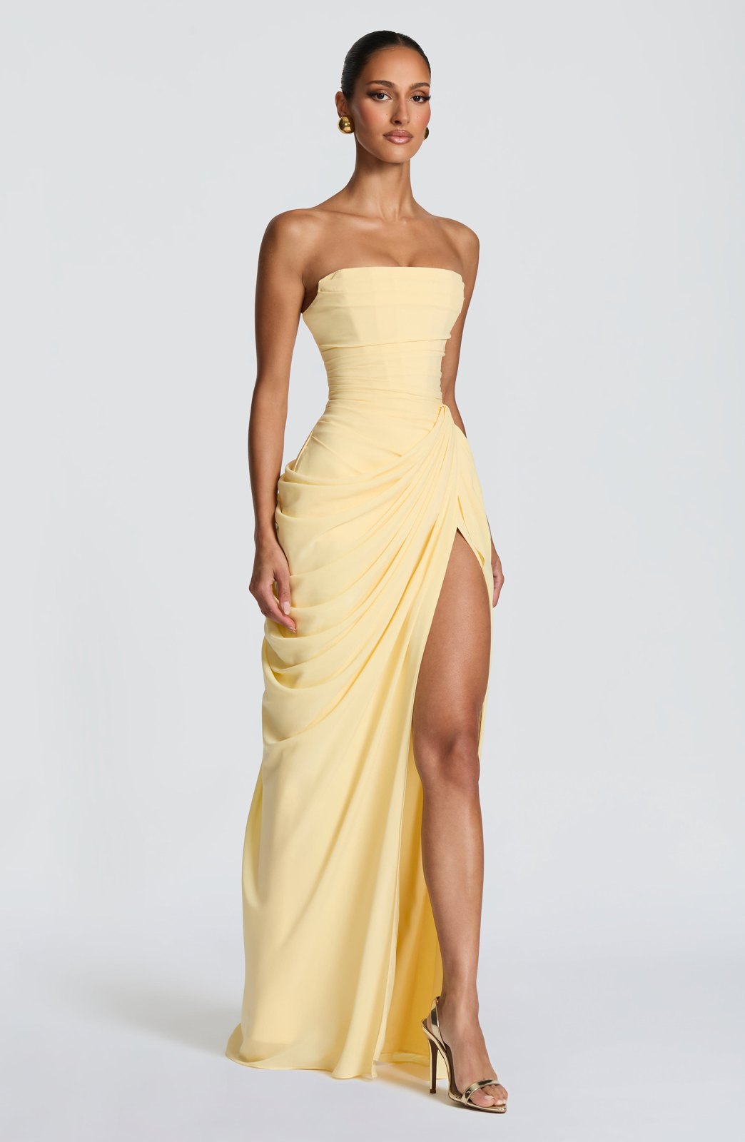 Elegant Yellow Party Dress for Women with Plaid Satin Relaxed Fit Evening Style