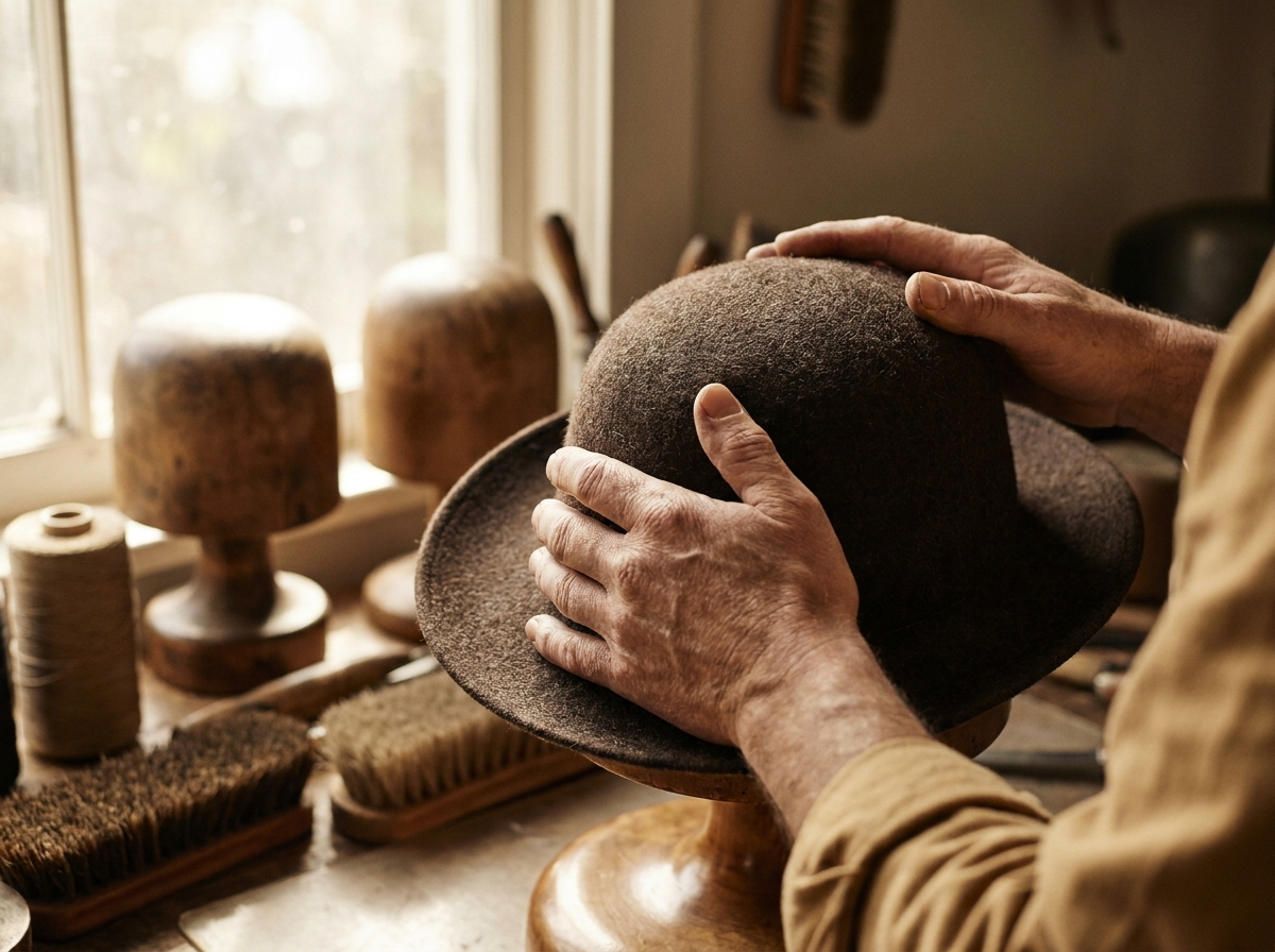 A hatmaker shaping a hat by hand